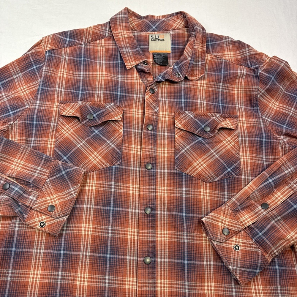 5.11 Tactical Shirt Mens Size XL Snap Button Up Long Sleeve Plaid ORG GRAY WHT